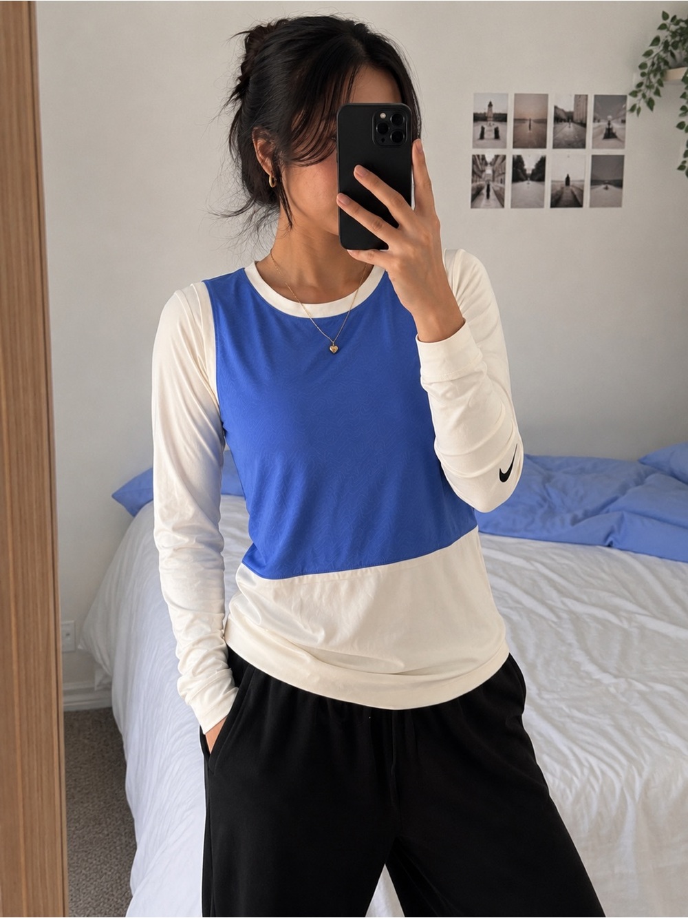 Nike Blue and Cream Long-Sleeve Colorblock Top